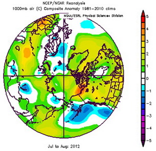 Seasonal anomaly patterns for near surface air temperatures in 2012, July to August