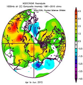 Seasonal anomaly patterns for near surface air temperatures in 2012, April to June
