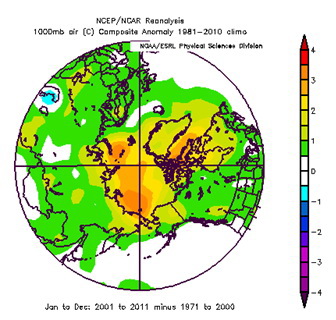 Annual average near-surface air temperature anomalies for the first decade of the 21st century