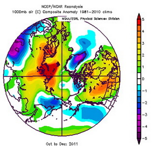 Seasonal anomaly patterns for near surface air temperatures in 2012, October to December