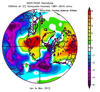 Seasonal anomaly patterns for near surface air temperatures in 2012, January to March
