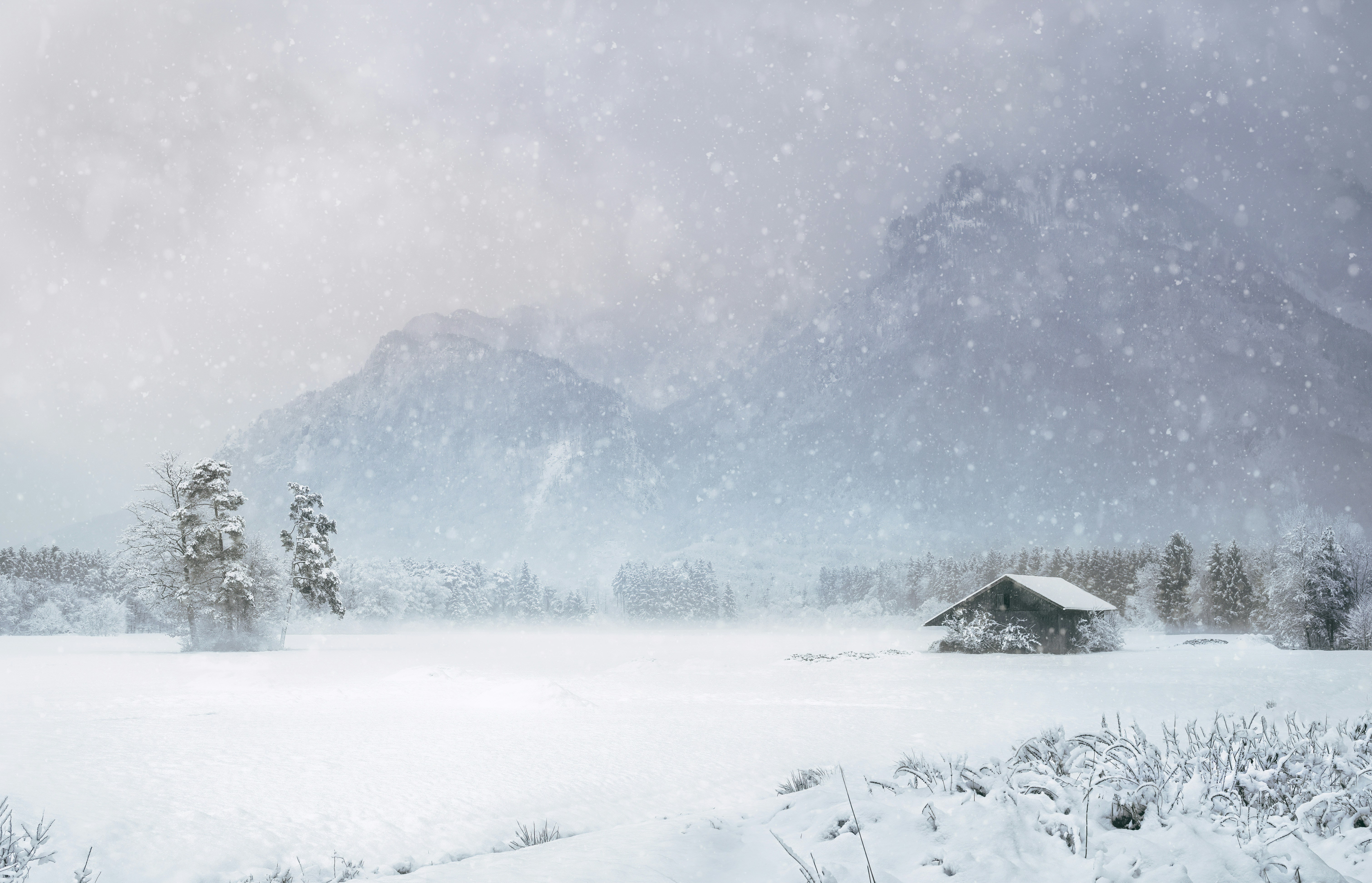 house covered with snow near mountain